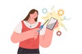 Woman mobile developer is designing new smartphone model, holding screwdriver in hands