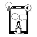 Woman with mobile sitting speech bubble