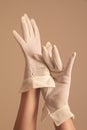 Woman modeling vintage formal white mesh gloves