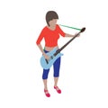 Woman in modern clothes stands with guitar in isometric view. Lady musician plays a musical instrument