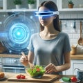 Woman using futuristic augmented reality glasses while preparing healthy food in kitchen isolated on transparent background Royalty Free Stock Photo