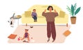 A woman mom stands bewildered in the middle of the room, surrounded by a mess flat vector illustration.