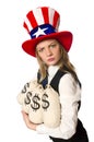 Woman with money sacks isolated on white Royalty Free Stock Photo