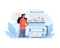 Woman monitoring a multi-tiered hydroponic system. Flat vector illustration