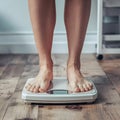 Woman monitors weight on bathroom scale, fitness journey, closeup Royalty Free Stock Photo