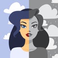 Woman with mood swings. Girl with bad emotion