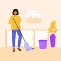 Woman mop the floor illustration. Women do household chores illustration vector art. Royalty Free Stock Photo