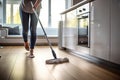 Woman mopping floor in kitchen. Generative AI Royalty Free Stock Photo