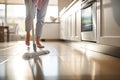 Woman mopping floor in kitchen. Generative AI Royalty Free Stock Photo