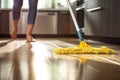 Woman mopping floor in kitchen. Generative AI Royalty Free Stock Photo