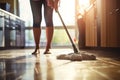 Woman mopping floor in kitchen. Generative AI Royalty Free Stock Photo