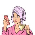 Woman morning bathroom coffee smartphone