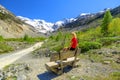 woman in Morteratsch glacier trekking trail Royalty Free Stock Photo