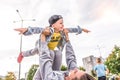 Woman mother parent playing with son, little boy child 4-5 years old, summer city. Rest on weekend. Emotions of Royalty Free Stock Photo