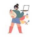 Woman mother superhero standing with baby, laptop, shopping bags and feeding tools