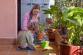 Woman, Mother teaches her son to take care of plants Royalty Free Stock Photo