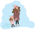 Woman mother walks down street winter, with small girl
