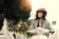 Woman, motorcycle and transport in city, street and safety with helmet, journey and travel with mock up space. Girl Royalty Free Stock Photo