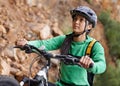 Woman, mountain bike and thinking on adventure, outdoor and helmet for safety, fitness or health. Girl, bicycle and idea Royalty Free Stock Photo