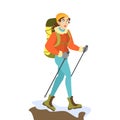 Woman mountain climber in special winter clothes