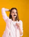 Young cute girl with moustache, studio Royalty Free Stock Photo