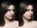 Woman moustache treatment concept. Collage portrait of young woman before and after moustache removing Royalty Free Stock Photo