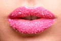 Woman mouth, pink lipstick and sugar scrub closeup, makeup and beauty with exfoliation and sparkle. Bright aesthetic Royalty Free Stock Photo