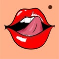 Woman mouth with red lips and licking tongue Royalty Free Stock Photo