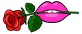 Woman mouth with red rose in teeth. Sexy sticker Royalty Free Stock Photo