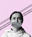 Woman with mouth sealed in adhesive tape. Free of speech, freedom of press, human rights and truth concept.
