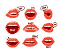 Woman Mouth Set. Red Sexy Lips Expressing Different Emotions as Happy Smiling, Seduction, Show Tongue, Kiss Royalty Free Stock Photo