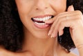 Woman, mouth and teeth closeup, flirt and bite finger with hand and manicure with beauty, dental and whitening. Makeup