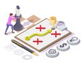 Woman moving king chess piece on chessboard, vector isometric illustration. Business strategy, leadership.