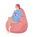 Woman with mug sitting on bean bag semi flat color vector character