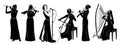 Woman music band with vocalist. Silhouettes Set. Women singing, playing on violins, cello, celtic harp and flute Royalty Free Stock Photo