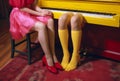 woman young erotic red fashion legs trend elegant modern piano colourful. Generative AI.