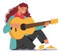Woman Music Teacher Sits On The Floor, Fingers Dancing On Guitar Strings. Female Character Creating Melody Royalty Free Stock Photo