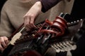 Woman musician tuning her nyckelharpa Royalty Free Stock Photo