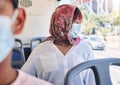 Woman, muslim and bus with mask, covid and healthcare on transport in city, town or metro by window. Islam lady, covid