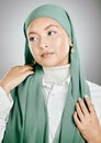 Woman, muslim and hijab in studio closeup for skincare, fashion and makeup against grey background. Islam, religion and Royalty Free Stock Photo