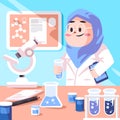 Woman muslim scientist wearing veil hijab working at laboratory scientist in lab with equipment chemical flask