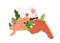 Woman with naked body in underwear. Nude female couple in bikini sitting among flowers in nature. Women health