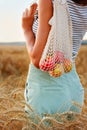 A woman in natural clothes with a string bag made of eco-mesh, fruits, apples is walking along a path in a wheat field Royalty Free Stock Photo