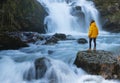 Woman in the Natural waterfall of Ixkier, Sierra de Aralar, Navarra. Royalty Free Stock Photo