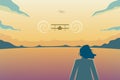 Woman in nature. Beautiful sunset and the receding planes. Clouds and wind-tossed hair of the character. Vector illustration