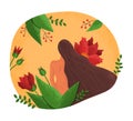 Woman in nature leaves, flat style. A girl sits with her back in red flowers and green leaves. Cute vector illustration Royalty Free Stock Photo