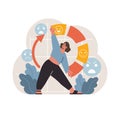 Woman navigating happiness, charting her joy amidst emotions. Flat vector illustration