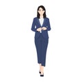 Woman in Navy Blue business suit fastens button of his jacket. Business woman walk and buttoning suit