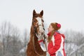 Woman near beautiful horse. Winter landscape Royalty Free Stock Photo