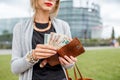 Woman near the European parliament building in Strasbourg Royalty Free Stock Photo